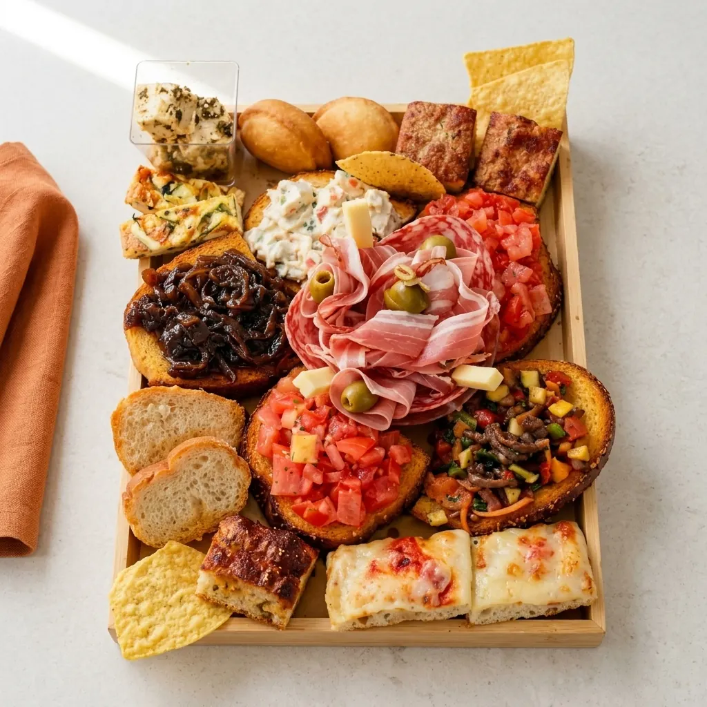 Tagliere di aperitivo della cucina della Casa del Pellegrino: salumi, bruschette, focacce e olive