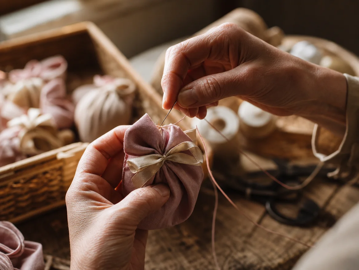 Mãos costurando um favor de casamento na oficina criativa