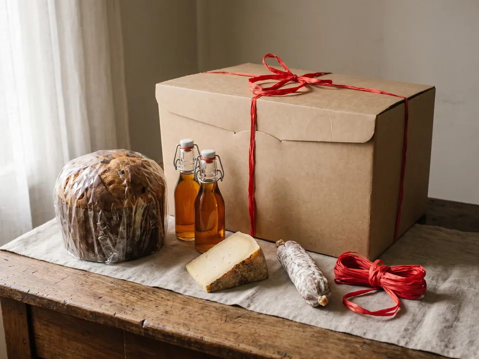 Scatola kraft con panettone, bottiglie, formaggio e salame