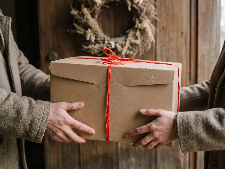 Una scatola regalo kraft consegnata di persona