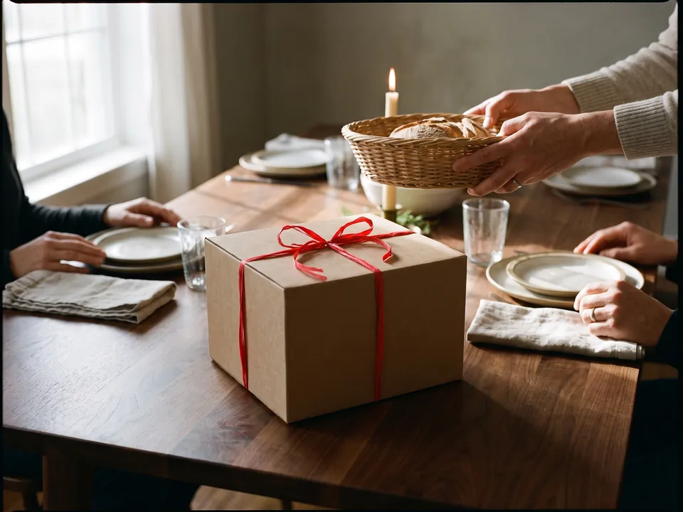 Una scatola regalo kraft su una tavola di Natale condivisa