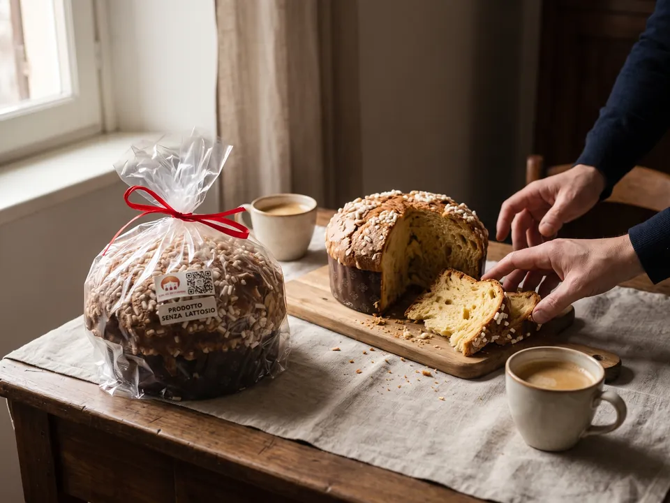 Panettone tagliato condiviso a tavola con il caffè