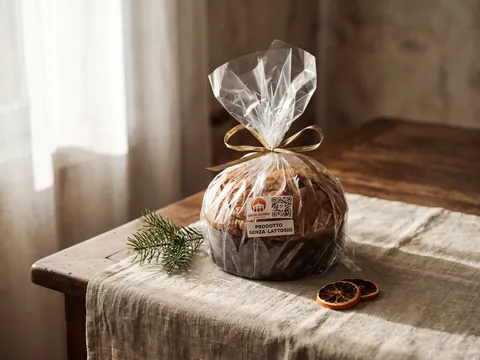Panettone del Pellegrino incartato con nastro dorato
