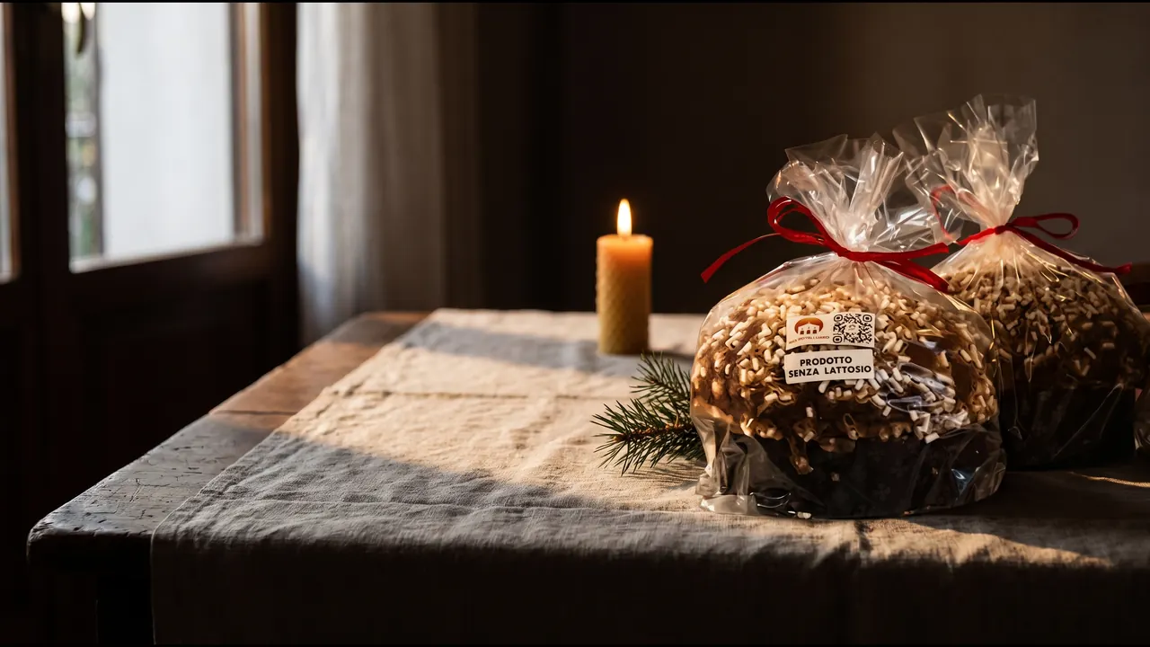 Due panettoni artigianali della Casa del Pellegrino incartati con nastro rosso, su lino e legno, alla luce di una finestra d'inverno